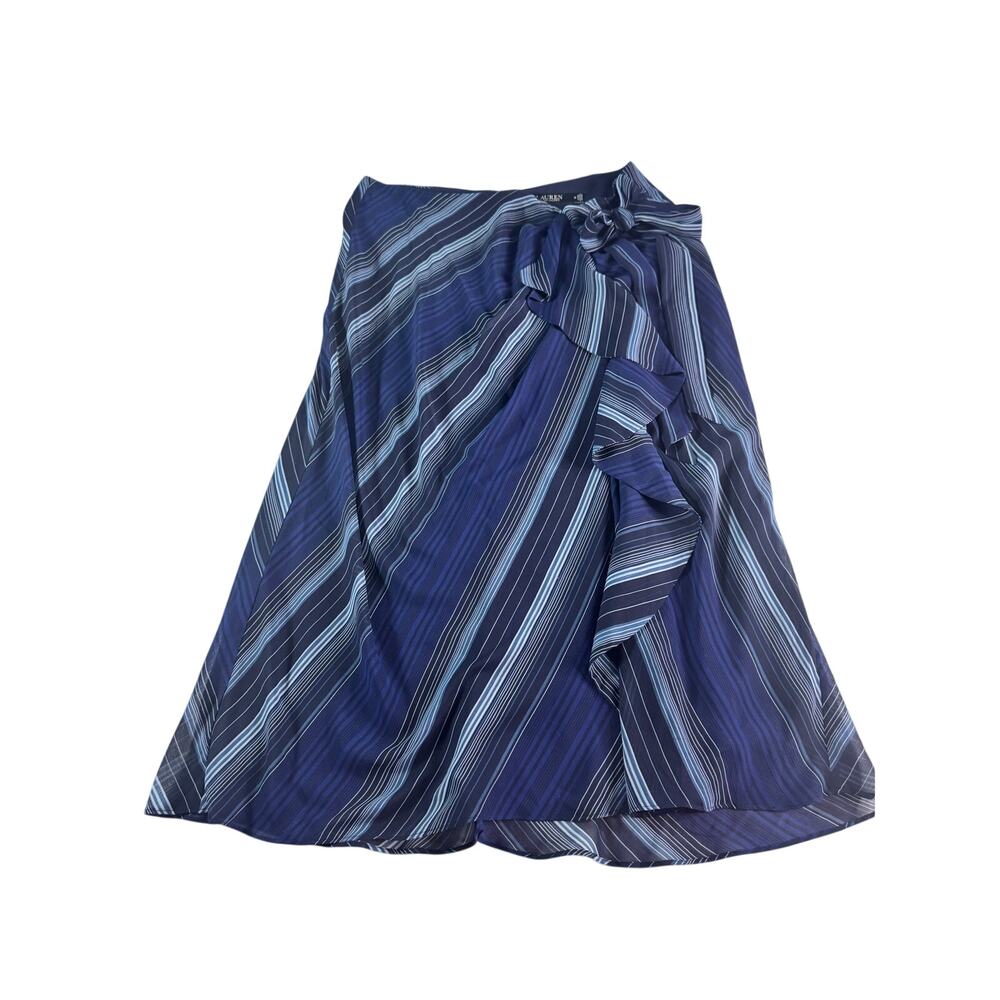 Lauren Ralph Lauren Size 10 Navy Blue Striped Ruffle Midi Skirt
